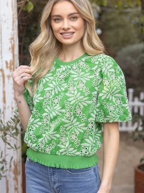 VOY ALEX EMBROIDERED EYELET BUBBLE SLEEVE TOP XS